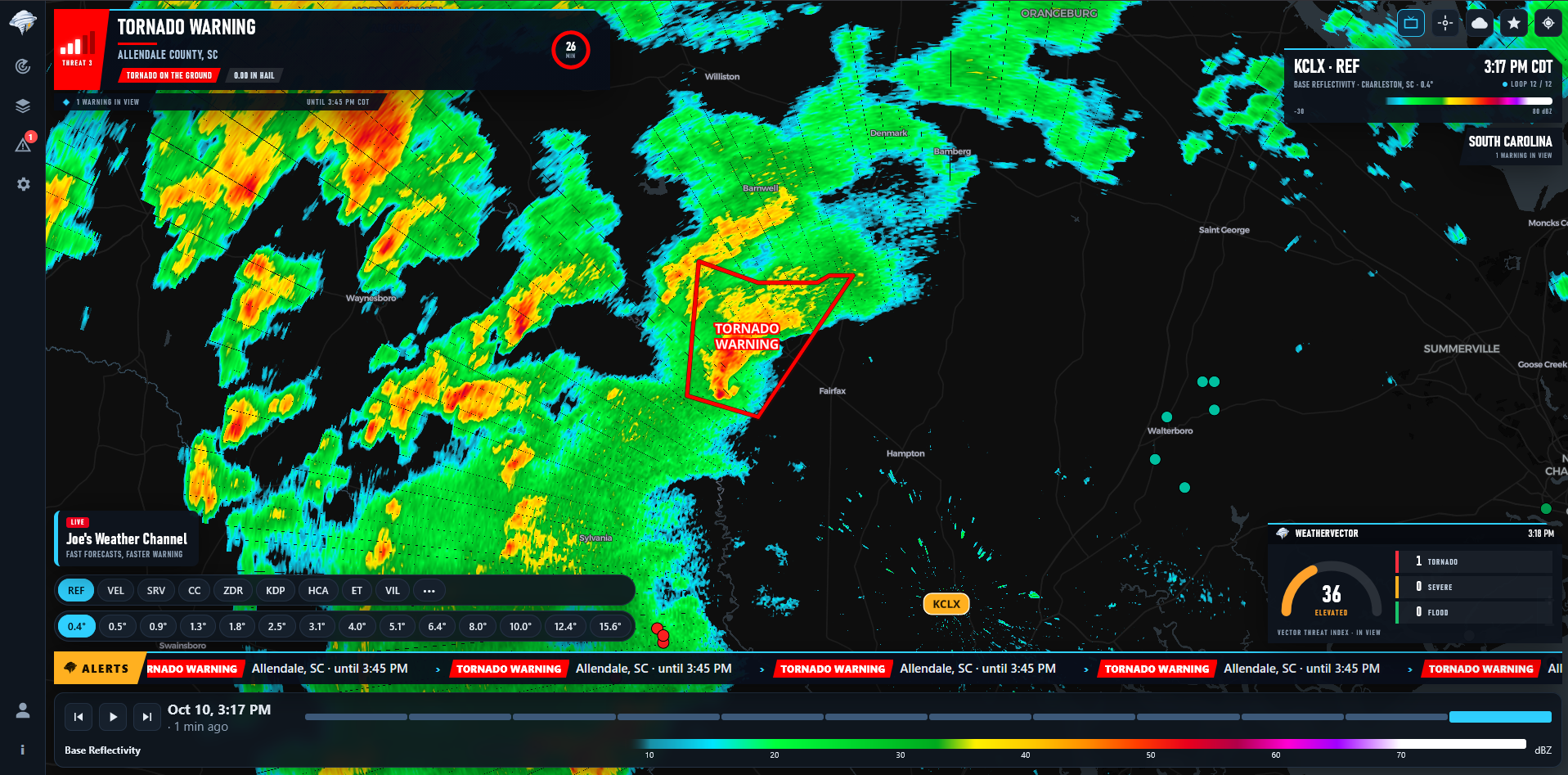 Broadcast mode on the Charleston radar: a tornado warning bulletin for Allendale County, South Carolina marked tornado on the ground, a radar card, a custom lower-third for Joe's Weather Channel, the Vector Threat Index at 36 and an alerts crawl.