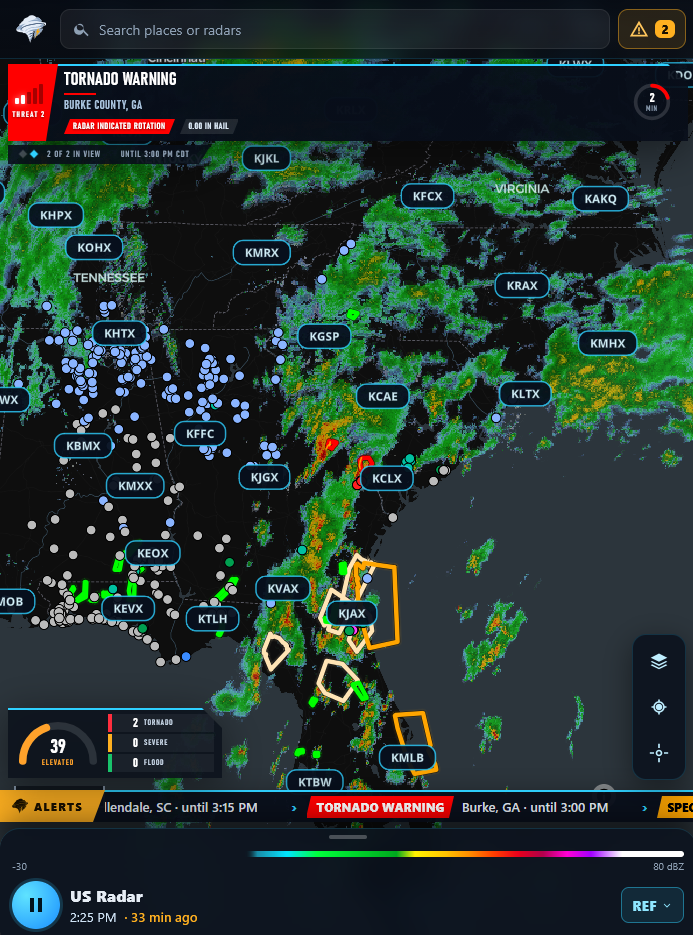 Broadcast mode on a phone with a compact tornado warning bulletin, threat gauge and alerts crawl.