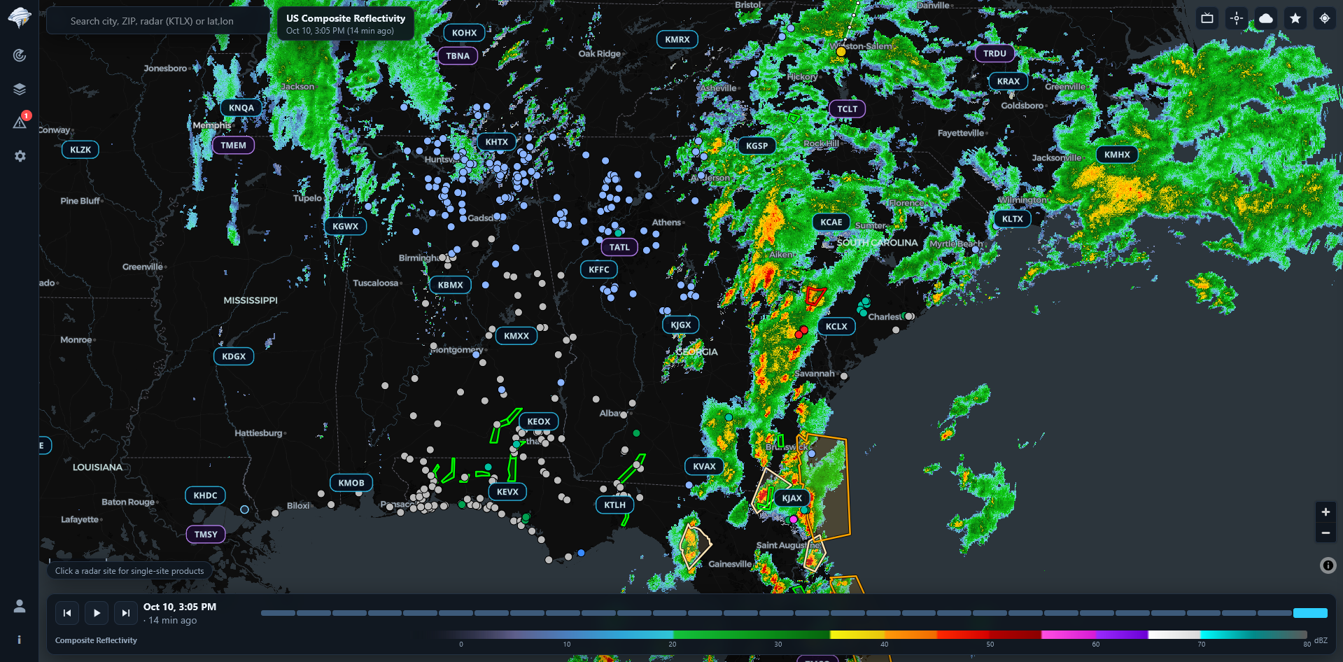 WeatherVector on desktop showing US composite reflectivity over the Southeast, with radar site labels, warning outlines and the loop timeline.