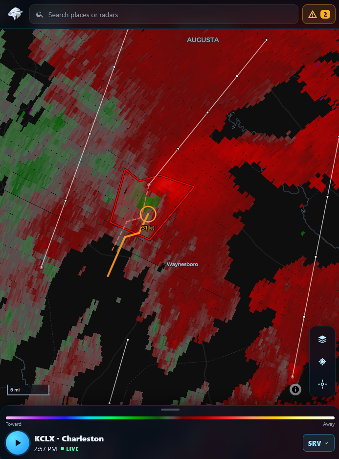 WeatherVector on a phone showing storm-relative velocity from the Charleston radar, with a tornado warning outline and the storm's projected track.